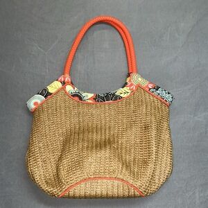 Vera Bradley Flower Shower Bucket Medium Tote Purse Bag Rattan Orange Floral